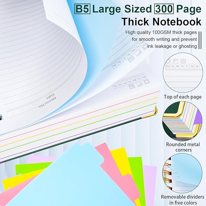 Hardcover Spiral Notebook 8"x10" Journal Notebook with Tabs and Removable Dividers 300 Pages 5 Subject Notebook College Ruled, Faux Leather Spiral Bound Notebook for Women School Work (Green)
