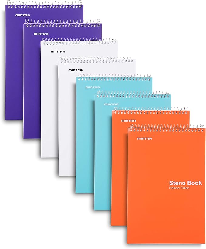 Mintra Office Steno Book - (BRIGHTS - Purp/Wht/Teal/Orange) - Poly Cover, 6" x 9", 100 sheets, Narrow Ruled for Writing Notes for school, office, work, 6x9 steno notepad, top bound spiral (8 PACK)