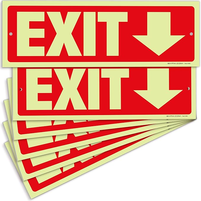 iSYFIX Exit Signs with Directional Down Arrow - 6 Pack 12x4 Inch Glow in the Dark for Business, School, Office, Warehouse - Durable 40 Mil Polystyrene, UV Laminated, Waterproof, Scratch & Fade Resistant