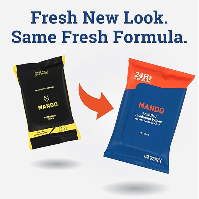 Mando Deodorant Wipes - 24 Hour Odor Control - Aluminum Free, Baking Soda Free, Skin Safe - 45 Count (2 Pack)