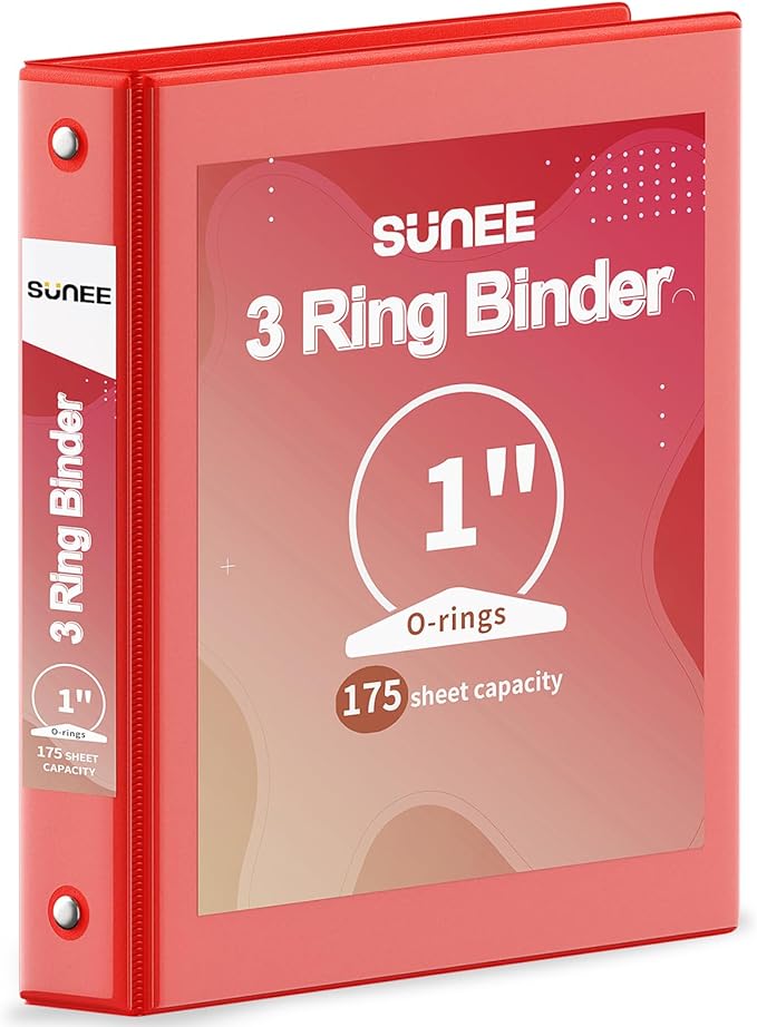 SUNEE 3 Ring Binder 1 Inch 1 Pack, Clear View Three Ring PVC-Free (Fit 8.5x11 Inches) for School or Office Supplies, Red