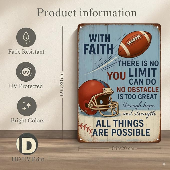 With Faith Football Metal Sign – Vintage Christian Sports Wall Art for Locker Room, Bedroom, or Gym – Motivational Gift for Athletes, Coaches, and Football Fans (FOOTBALL)