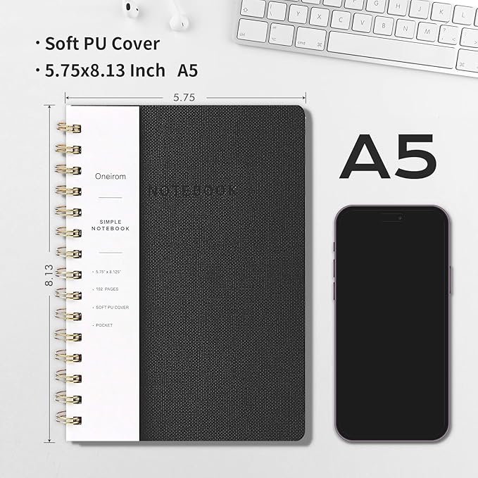 Spiral Notebook-5.75" x 8.125" College Ruled Journal with Inner Pockets and 160 Pages,PU Leather Cover Business Journal, Twin-Wire Binding Notebook Perfect for Office & Home School Supplies 3 pack Black