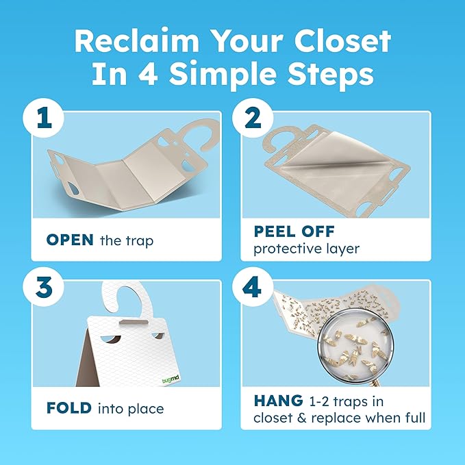 BugMD Clothes & Pantry Moth Traps (6 Count) – Sticky Glue Pheromone-Based Repellent for Closets, Cabinets & Wardrobes – Non-Toxic - White