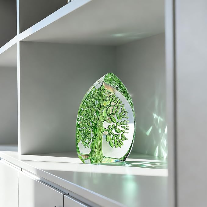QFkris Crystal Tree of Life Decor Figurine for Home Decor, Office Desk, 3.7" Glass Tree of Life Paperweight for Positive Energy, Money, Good Luck Birthday Valentines Day Gifts for Women, Mom