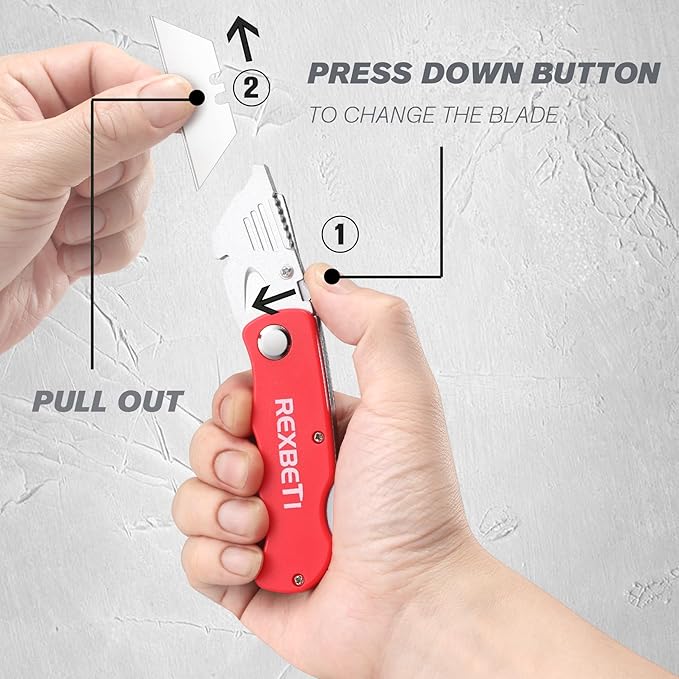 REXBETI 4-Pack Folding Pocket Utility Knife Quick-change SK5 Box Cutter for Cartons, Cardboard and Boxes, Back-lock Mechanism with 10 Extra Blades