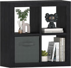 furtble Bookshelf with Storage Bin, 4-Cube Storage Organizer, Modern Wood Open Bookcase, Multifunctional Display Shelf for Living Room, Bedroom, Home Office, Black
