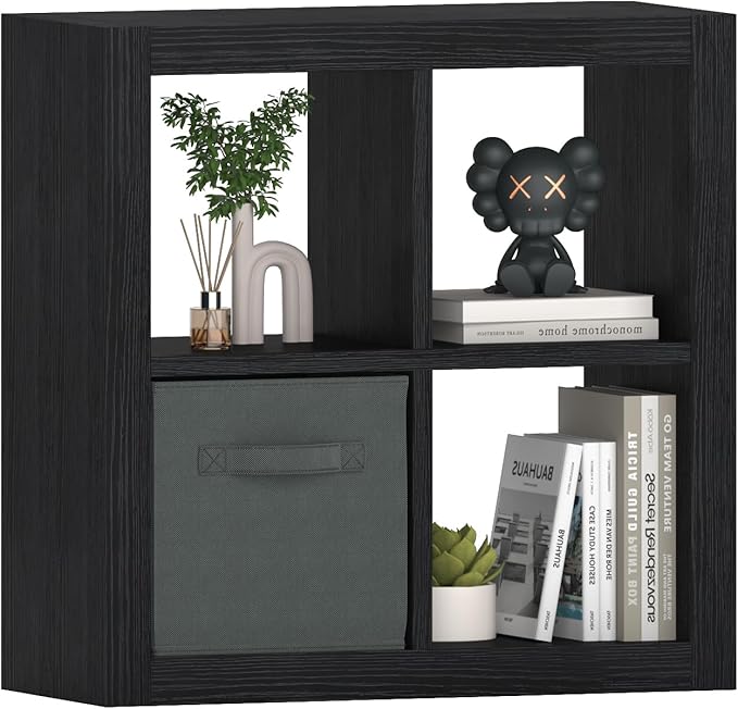 furtble Bookshelf with Storage Bin, 4-Cube Storage Organizer, Modern Wood Open Bookcase, Multifunctional Display Shelf for Living Room, Bedroom, Home Office, Black