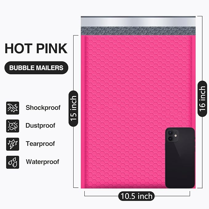 UCGOU Bubble Mailers 10.5x16 Inch Hot Pink 25 Pack Poly Padded Envelopes Large #5 Mailing Packages Opaque Packaging Postal Self Seal Adhesive Waterproof Boutique Shipping Bags for Clothes