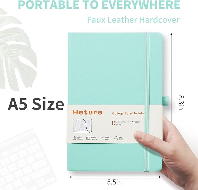 Heture Hardcover Notebooks, A5 Lined Journals Notebook for Writing 160 Pages, 8.2 x 5.5 inch, Green Classic Ruled Notebooks for College/Work/Travel (Green, 1 Pack)