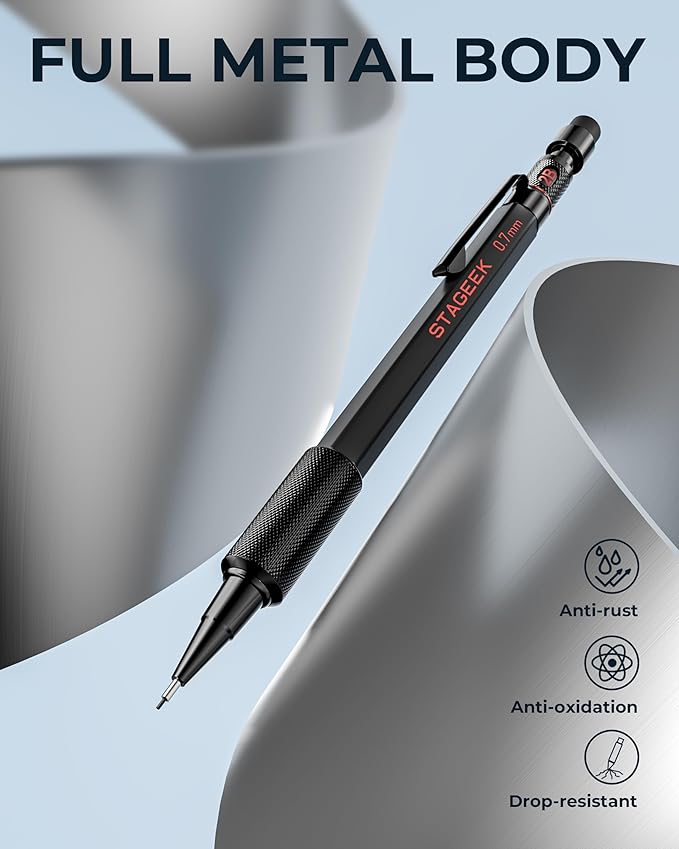 STAGEEK 0.7mm Mechanical Pencil Set, 3PCS Metal Mechanical Pencils 0.7mm with 6 Tubes HB & 2B Lead Refills,Erasers, Weatherproof Artist Pencils with Case for Outdoor Writing Drafting Drawing