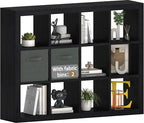 furtble Bookshelf with Storage Bin, 12-Cube Storage Organizer, Modern Wood Open Bookcase, Multifunctional Display Shelf for Living Room, Bedroom, Home Office, Black