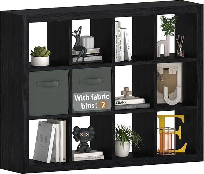 furtble Bookshelf with Storage Bin, 12-Cube Storage Organizer, Modern Wood Open Bookcase, Multifunctional Display Shelf for Living Room, Bedroom, Home Office, Black