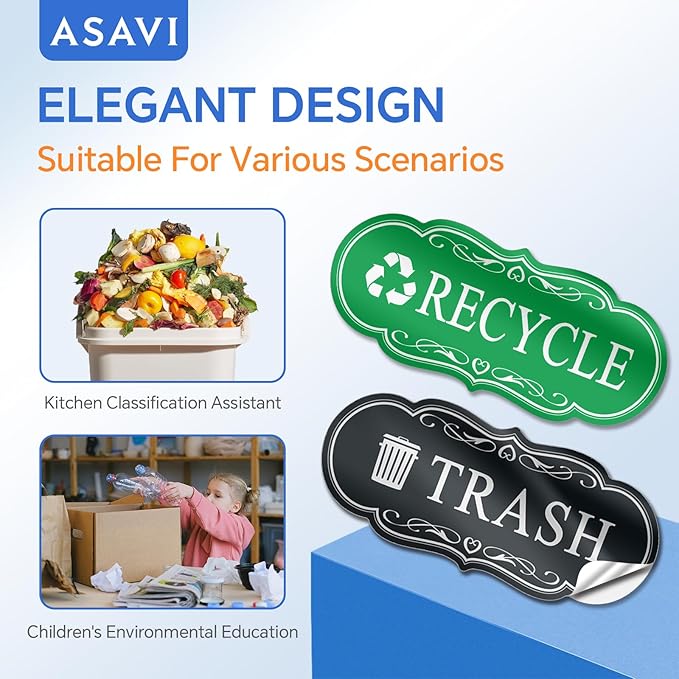 ASAVI Trash & Recycle Stickers – 2-Pack Self-Adhesive Vinyl Labels, Waterproof & Durable (Green Black, Medium 6.3 x 2.7 inches)