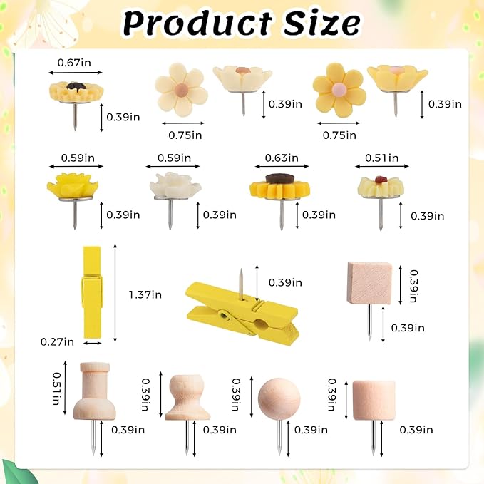 78 Pieces Push Pins Set Cute Thumb Tacks Decorative Flower Push Pins for Wall Cork Board Bulletin Boards with Storage Box（Yellow Style）