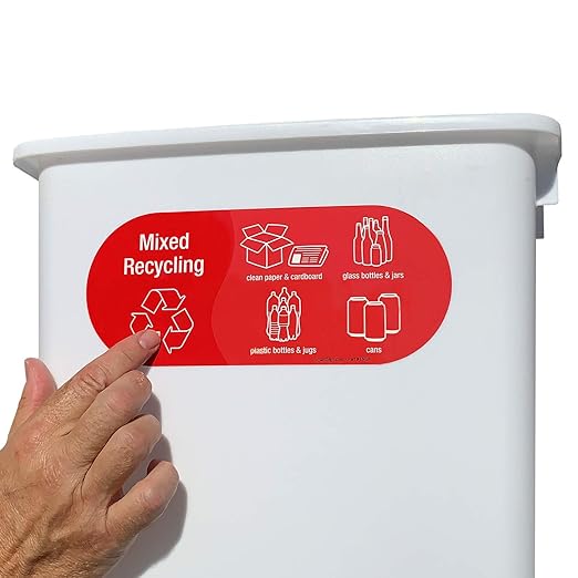 SmartSign (Pack of 4) 3.75 x 9 inch “Mixed Recycling” Sticker Labels with Symbols, 5 mil Laminated Polyester with SuperStick Adhesive, Red and White, Made in USA