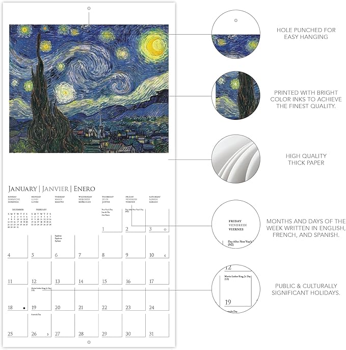 Graphique 2026 van Gogh Wall Calendar | 12” x 12” | Thick Paper | Home & Office Organizer | Large Monthly Grid | 3 Languages & Marked Holidays | 4 Month Preview Page for 2027
