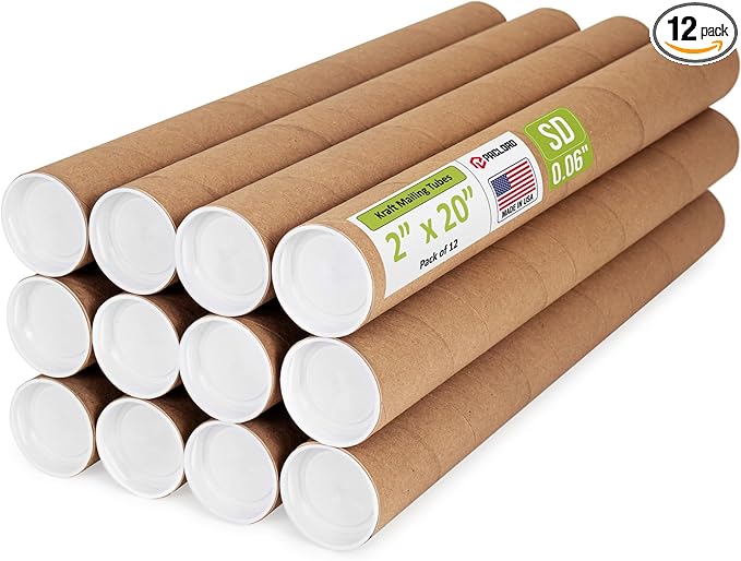2" x 20" Reinforced Kraft Paper Mailing Tubes, Pack of 12 Tubes with 2 Caps Each – USPS Approved Poster Tube – Made in USA Cardboard Tube for Shipping and Storing Posters, Prints, Artwork, Documents