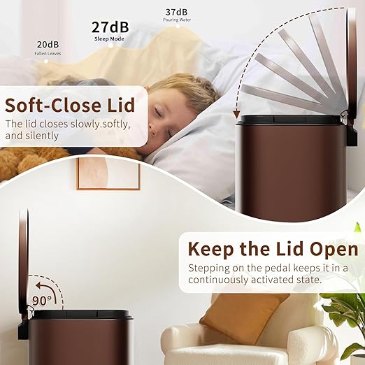 PayLessHere Stainless Steel Trash Can with Lid - Removable Inner Bucket, Foot Pedal Soft Close for Office, Home, Kitchen Garbage Bin (Brown, 13 G)