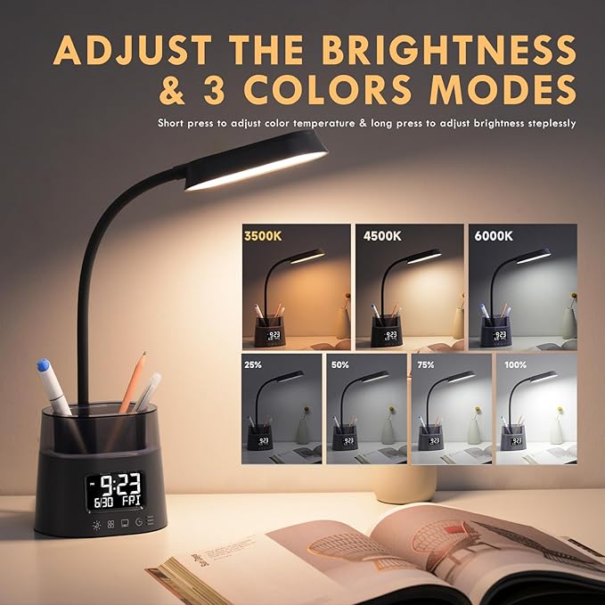 Led Desk Lamp for Home Office, Touch Table Lamp with USB Charging Port, 3 Color Modes Stepless Dimmable Reading Light, Gooseneck Lamp for Dorm Room, Bedside Study Light with Clock,Adapter Include