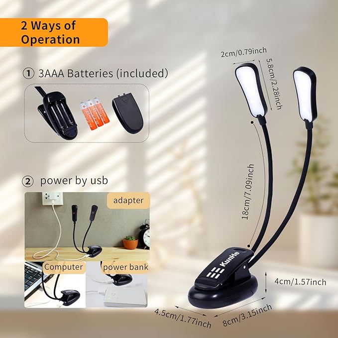KunHe 5 Pack Music lamp Reading Clip lamp USB-C and AAA Battery Power Supply (Included) Three Color temperatures Suitable for Band Users Reading Enthusiasts