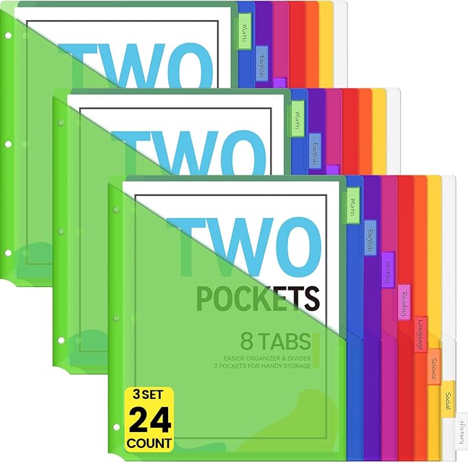 Sooez 24 Count Dividers with Pockets, 8 Tabs Binder Dividers for 3 Ring Binders, Binder Dividers with tabs, Binder Divider with Pockets for US Letter Size, Insertable Big Tabs, Multicolor, Set of 3