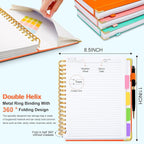 Hardcover Spiral Notebook 8.5"x11" Journal Notebook with Tabs and Removable Dividers 300 Pages 5 Subject Notebook College Ruled, Faux Leather Spiral Bound Notebook for Women School Work (Orange)