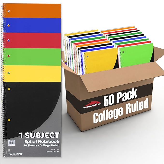 Trail maker Bulk Notebooks (50 Pack), One Subject Notebooks Wide Ruled, 70 Sheets,Spiral Bulk Notebooks for Kids, School Supplies, Journaling, Note Taking, Students, and Work