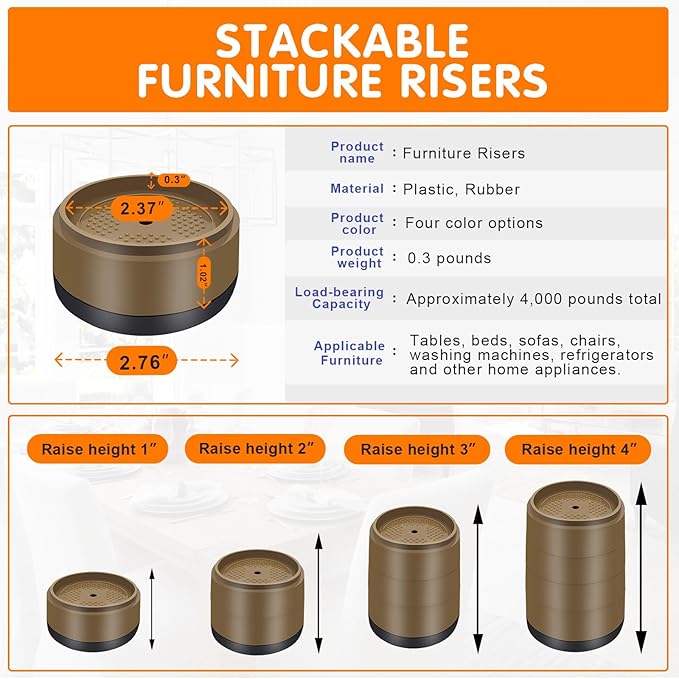 Furniture Risers Bed Risers Heavy Duty 1 inch, 2 inch, 3 inch, 4 inch Round Adjustable Bed Lifts Riser for Desk Legs Table Couch Sofa Chair Refrigerator Washing Machine (1 Inch, Brown, 4 Pack )
