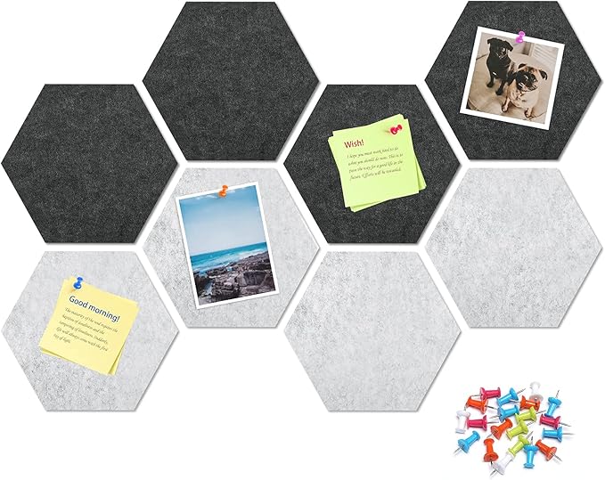 Uoisaiko 12" Large Bulletin Board with 30 Push Pins, Pack of 8 Hexagon Felt Pin Board Notice Boards for Home Office, Felt Wall Tiles for Photos Memos