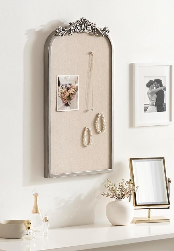 Kate and Laurel Arendahl Arch Pinboard; 13 x 25; Silver; Framed Arched Ornate Vintage Cork Board for Use as Motivational Vision Board or Wall Organizer