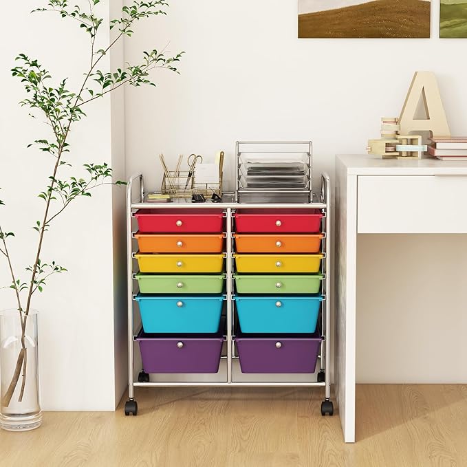 LDAILY 12 Drawer Rolling Storage Cart, Craft Cart Organizer on Wheels w/Metal Frame, Large Capacity & Smooth Drawer, Rolling Cart w/Drawers for Classroom, Office