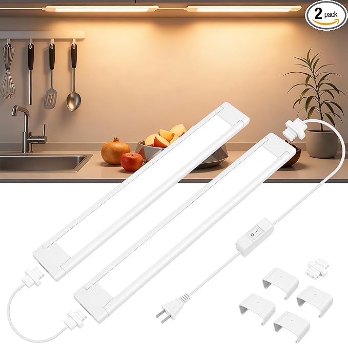 maylit Under Cabinet Lighting Plug in, 2Pcs 14 Inch Linkable Ultra Bright LED Light Bars, Renter Friendly Lamp, Wired 110V 120V Indoor Lights for Kitchen Cabinet, Counter, Workbench, Shelf, Warm White