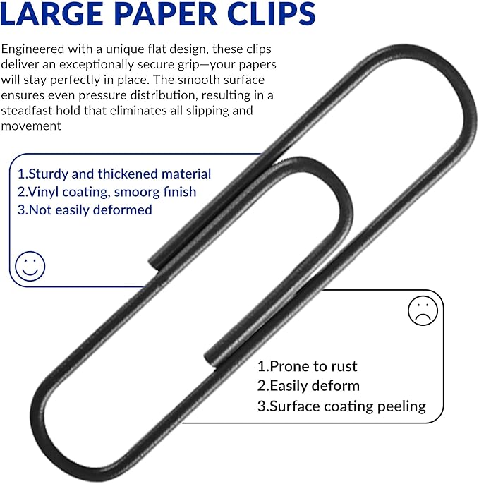 Large Paper Clips, 2 Inch Black Paper Clip, 200 pcs Jumbo Paperclips