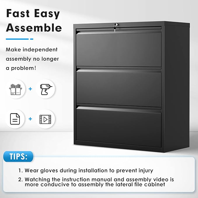 Pataku Metal Lateral File Cabinet with Lock, Steel Lateral Filing Cabinet 3 Drawer, Locking Office Home Wide Organization File Cabinet for Hanging Files Letter/Legal/F4/A4 Size(3Drawer/Black)