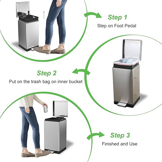 SIMPLYKLEEN Trash Can with Lid - 30 Liter/8 Gallon Square Stainless Steel Trash Can with Odor Protection Kitchen Garbage Cans with Soft-Close Foot Pedal Step Bin for Bathroom Home Office Silver