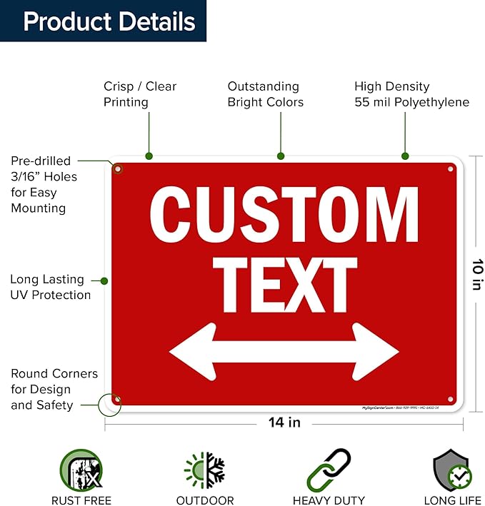 Custom Arrow,Custom Directional Sign, Two way Arrow,10x14 Inches, 55 mil thick HDPE (high density polyethylene), Made in USA by My Sign Center