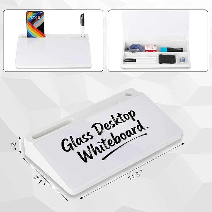 Small Glass Desktop Whiteboard 11.8×7”, Dry Erase Note Memo Board, Desk Organizer with Storage for Desk, Office, School Supplies, White, 2026