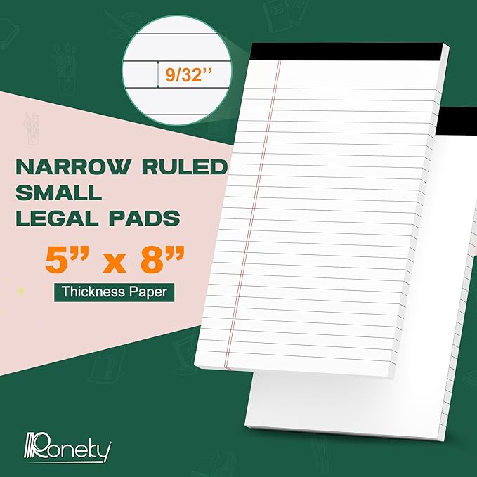 Roneky 12 Pack Note Pads 5x8, Small Legal Pads 5x8 White Writing Paper for Work, Mini Notepads College Ruled Paper with Sturdy Back 25 Lines, Perforated Legal Note Pad 5" x 8", 30 Sheets Per