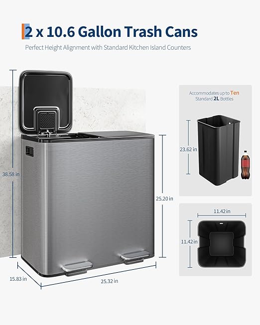 Garvee Trash Can, 2 x 10.6 gal (2 x 40 L) Garbage Can for Kitchen Dual Compartment Recycling Kitchen Step Trash Bin, Stainless Steel Trash and Recycle Bin Combo with Soft-Close Lid,Matte Grey