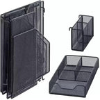 Black Mesh Desk Organizer Set, 3-in-1 Office Organizer with File Holder, Drawer & Accessories Tray, Multi-functional Desktop Storage for Stationery, Documents, Home & Office
