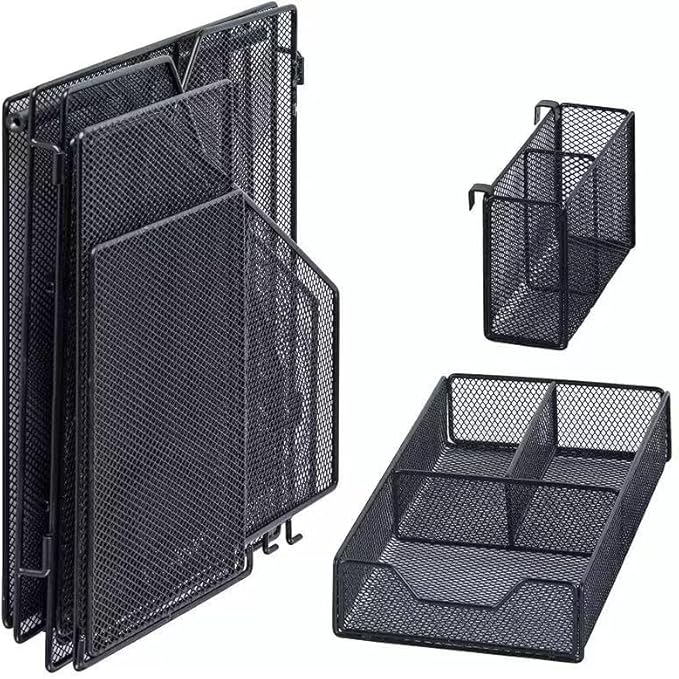 Black Mesh Desk Organizer Set, 3-in-1 Office Organizer with File Holder, Drawer & Accessories Tray, Multi-functional Desktop Storage for Stationery, Documents, Home & Office