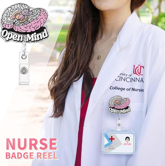 Aoryalps Open Mind Retractable Badge Reel Holder Retractable with ID Clip for Nurse Nursing Name Tag Card Nursing Student Teacher Doctor Medical Assistant Work Office Clip-Gifts for Nurse