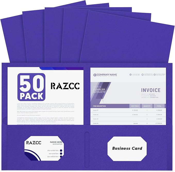 Two Pocket Folders, RAZCC 50 Pack 2 Pocket Folders Fit Letter Size Paper, Paper Folders with Pockets for School Office Business Home (Purple)