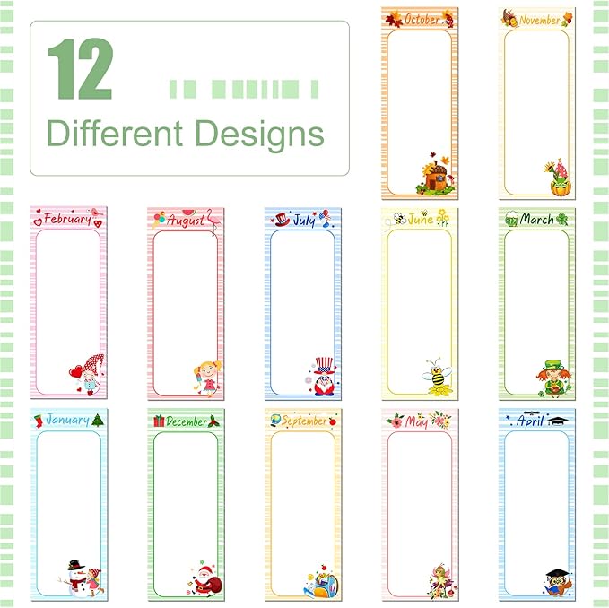 Gersoniel 12 Packs Magnetic Notepads for Refrigerator Monthly Grocery Magnetic List Set to Do List Pads Back Memo Notepad 9 x 3.5 Inches for Fridge Kitchen Shopping Grocery(Pastel Color,Seasonal)
