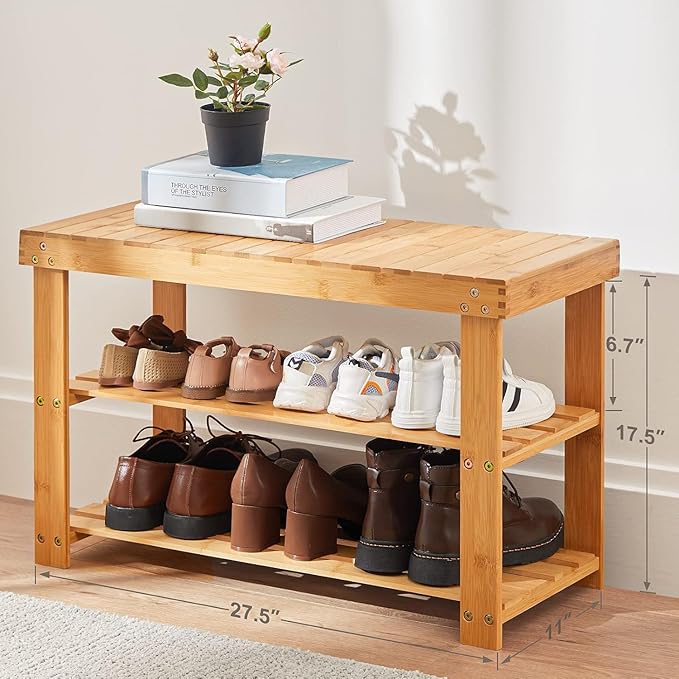 Pipishell 3 Tier Bamboo Shoe Rack Bench - Sturdy Shoe Organizer Holds up to 300lbs for Entryway, Bedroom, Living Room, Balcony