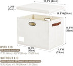Roobyl 17" Large Collapsible Storage Bins with Lids, Stackable Closet Organizers with PU Handle and Labels, 3-Pack Decorative Fabric Storage Boxes for Home, Bedroom, Closet, Office, Nursery(White)