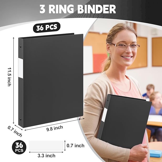Henoyso 36 Pcs 3 Ring Binder 0.5 Inch Round Fits Letter Size 8.5'' x 11'' Paper Plastic Flexible Binder Bulk Holds 140 Sheets with 1 Pockets Versatile Organizer for Home Office School (Black)