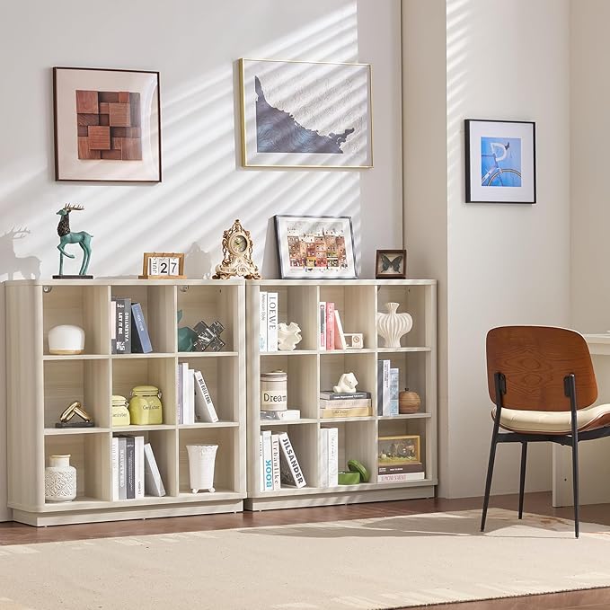 Joaxswe 9 Cube Storage Book Shelf, 41" Tall Organizer Bookcase with Curved Edge, Wood Floor Standing 3-Tier Cubby Bookshelf with Base, Vintage Display Book Case for Bedroom,Office,Grey-White Cream Oak