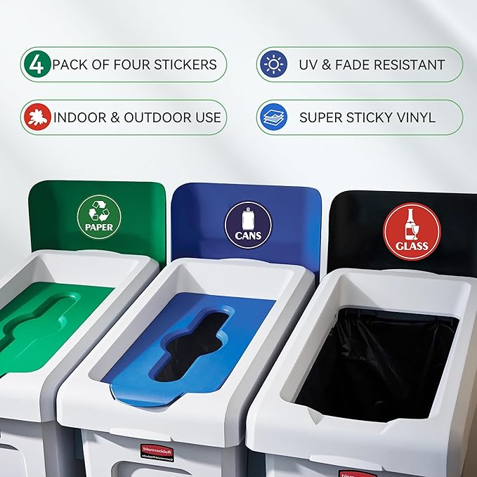 4PCS Recycle Stickers for Trash Bins,Self-adhesive Waterproof Trash Recycle Stickers, Recycling Labels for Trash Can for Home, Office, Apartment, Hotel, School and Public Area